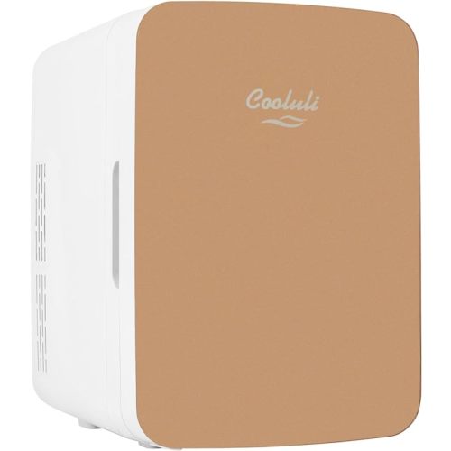 Cooluli 10L Mini Fridge for Bedroom - Car, Office Desk & College Dorm Room - 12v Portable Cooler & Warmer for Food, Drinks, Skincare, Beauty & Makeup - AC/DC Small Refrigerator with Glass Front, Gold