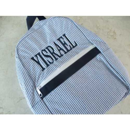 Personalized Mini Backpack: Navy Seersucker with Name or Monogrammed Initials