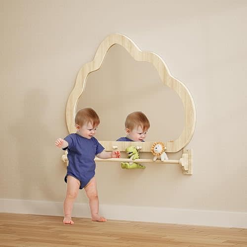 BZBRLZ Montessori Mirror with Bar, Baby Pull to Stand Toys, Easy Assembly Natural Frame, Adjustable Infant Mirror, Montessori Furniture for Toddler 6-18 Months-Natural