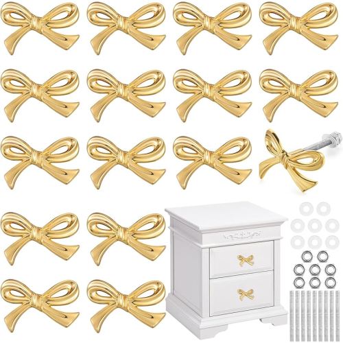 Gold Bow Drawer Knobs Brass Bow Knobs for Dresser Decorative Brass Drawer Pulls Vintage Cabinet Handles for Home Bedroom Kitchen Cabinets Hardware Cupboard(Small Size,Gold,16 Pcs)
