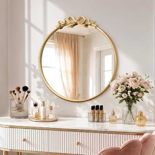 Besdomus Vintage Bow Gold Mirror: 27" Antique Round Wall Vanity Mirrors