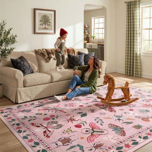 Vionnet Washable Modern Parisian Insect Pink Rug