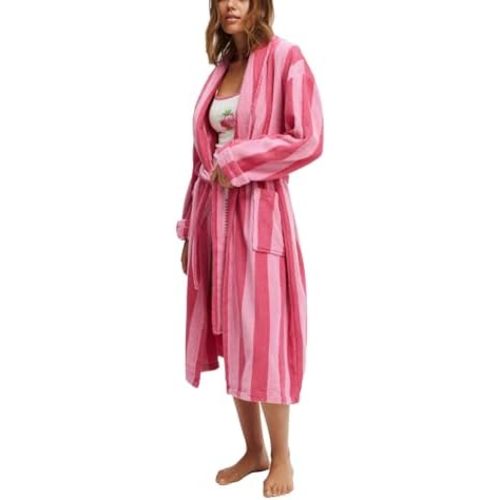 Franhais Womens Shawl Robe Plush Striped Fluffy Bathrobe Long Sleeve Knee Length Lounge Robes Loungewear with Pocket