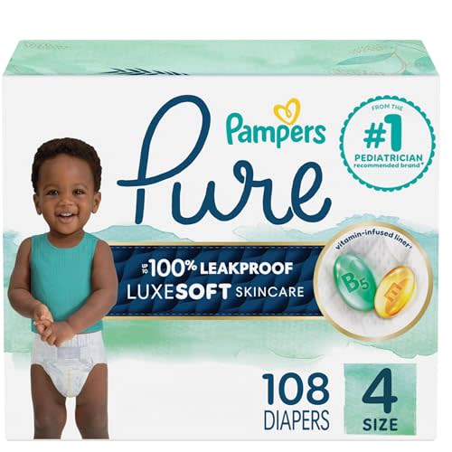 Pampers Pure Baby Diapers, Size 4 (22-37 lbs), 108, Up to 100% Leakproof, Premium Hypoallergenic Soft Diapers