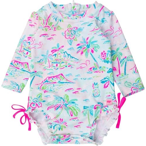 RuffleButts Baby Girls UPF 50+ Sun Protection Floral Printed Long Sleeve One Piece Rash Guard Swimsuit with Zipper