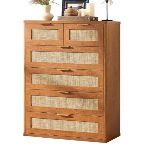LEYAOYAO Rattan Dresser for Bedroom, 41" Tall Chest of Drawers, Modern 6 Drawers Boho Dressers with Storage, Vintage Brown Dresser Wooden Closet Organizer for Living Room, Hallway