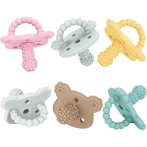 6 Pack Silicone Teether Pacifier Set, Teething Relief for Infants, Food-Grade, BPA-Free, Easy to Hold, Teether Toys with Raised Textures for Oral Chewing & Sensory Development, 3+ Months
