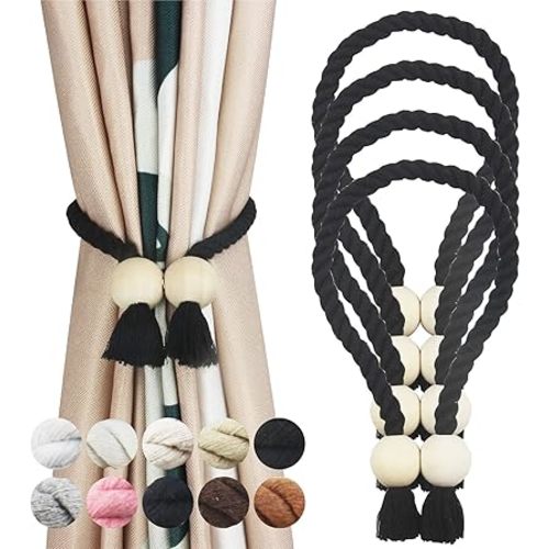 4 Pack Black Magnetic Curtain Tiebacks Cotton Hand Woven Tieback Holdback Decorative Tie Backs for Drapes with Wooden Buckle No Tools Required