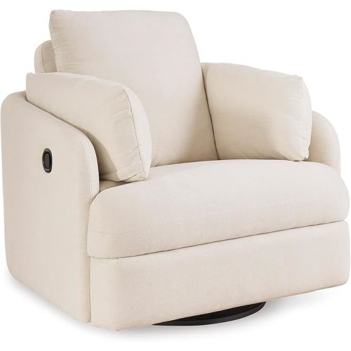 Signature Design by Ashley Modmax Coastal Press-Back Swivel Glider Rocker Recliner with Machine Washable Cover, Hidden Storage Compartments and 2 Bolster Pillows, Beige