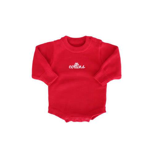Embroidered Knit Sweater Bubble Romper in Red | Caden Lane