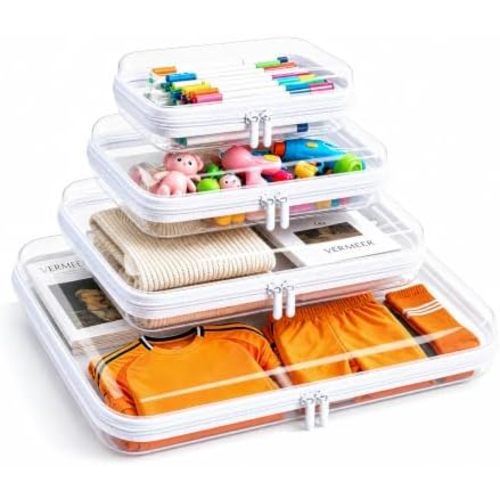 Clear Hard Shell Zipper Case, Crush-Proof Clear Zipper Pouches, TSA Approved Travel Toiletry Bag, Waterproof Makeup Bag & Diaper Bag, Organizer Bins for Toy Storage, Travel Accessories XL+L+M+S-White