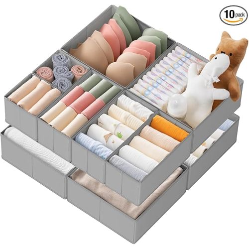Criusia Drawer Organizer Clothes, 10 Pack Dresser Organizer for Baby Clothes, Underwear, Sock- Foldable Closet Organization and Storage Dividers Bins for Nursery, Bedroom (Grey)