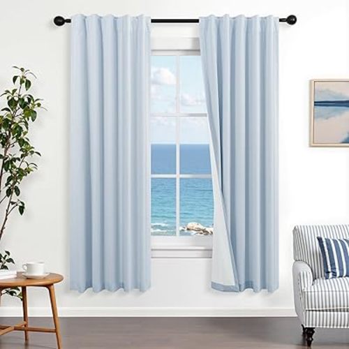 Mrs.Naturall 42x63 Inches Long Light Blue Back Tab Rod Pocket Linen Blackout Curtains