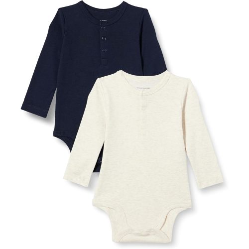 Amazon Essentials Unisex Babies' Long-Sleeve Cotton Henley Bodysuits, Pack of 2, Oatmeal Heather/Navy, 3-6 Months