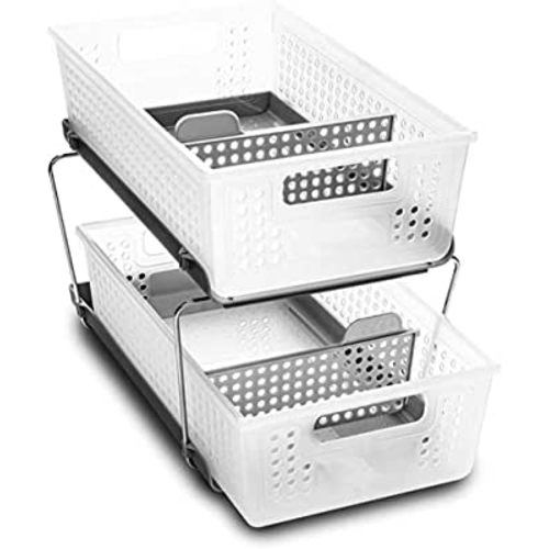 Madesmart 2-Tier Plastic Multipurpose Organizer with Divided Slide-Out Storage Bins, Under Sink and Cabinet Organizer Rack, Frost