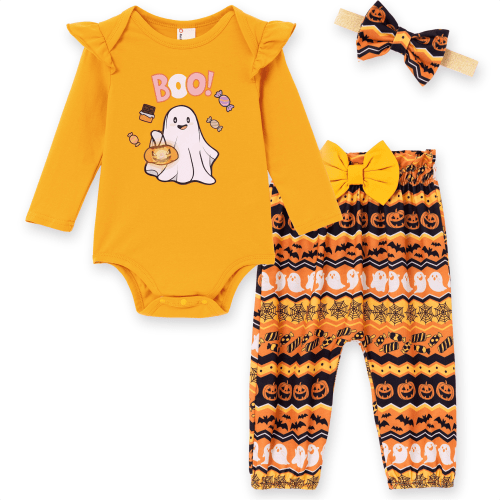 PatPat Baby Halloween Gift Outfit Cotton Romper Pants with Headband Pumpkin Ghost Clothes Set 6-9 Months