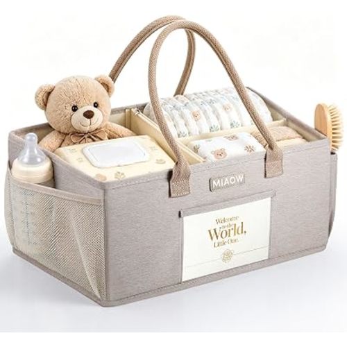 MIAOW Diaper Caddy, Waterproof Basket Organizer for Baby Stuff (Khaki)