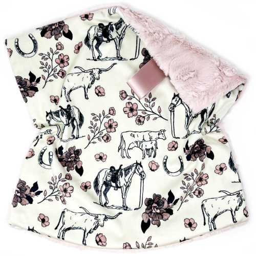 Lovey: Floral Horse and Cowboy Toile de Jouy. Western. Cowgirl. Horses. Cattle. Flowers. Steer. Cows. Mauve. Girl. Minky. Lovie. Baby Gift
