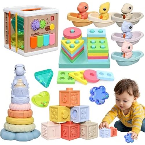 Baby Montessori Toys 6-12 Months, 5 in 1 Sensory Learning Set with Stacking Blocks, Shape Sorter, Bath Toys, Activity Cube, Dinosaur Stacker Educational Toddler Gifts for Boys Girls