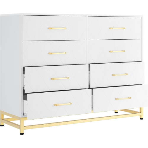 NEILA Modern White 8-Drawer Dresser & Chest of Drawers – Versatile Wooden Storage Solution with Metal Handles, Stylish Colors, and Gold Accents for Bedroom, Living Room, Hallway, and Entryway