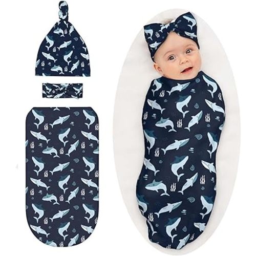 Sharks Ocean Animal Baby Stuff Swaddle Blanket Wrap Baby Newborn Blanket Soft Stretchy with Headband Hat Set Gift for Infant Boy Girl