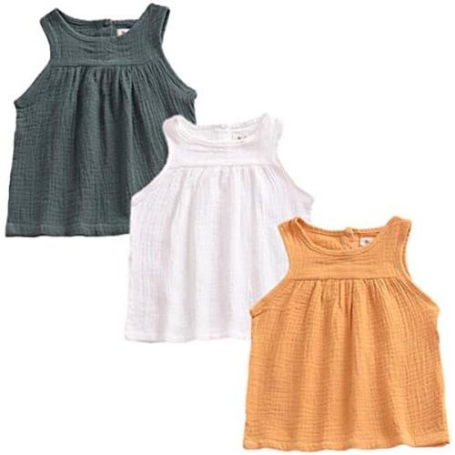 YAKETERA 3 Pack of Baby Toddle Infant Girls Cotton Linen Blend Tank Tops T Shirts Blouse