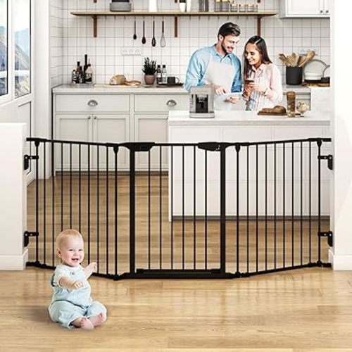 AUXSOUL 74" Wide Baby Gate Metal Safety Playpen - Fireplace Fence for Toddler/Pet/Dog, 3-Panel,30" H, Black