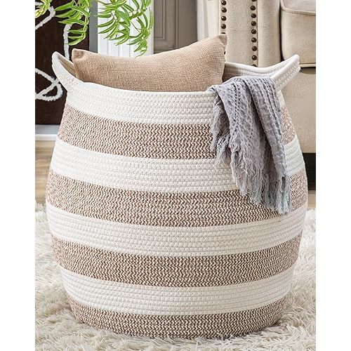 KAKAMAY Woven Baskets for Storage(17"x17"),Large Cotton Rope Woven Baby Laundry Hamper,Collapsible Laundry Basket, Blanket Basket for Organizing Living Room,Nursery,Pillows,Toy Chest(Rose)