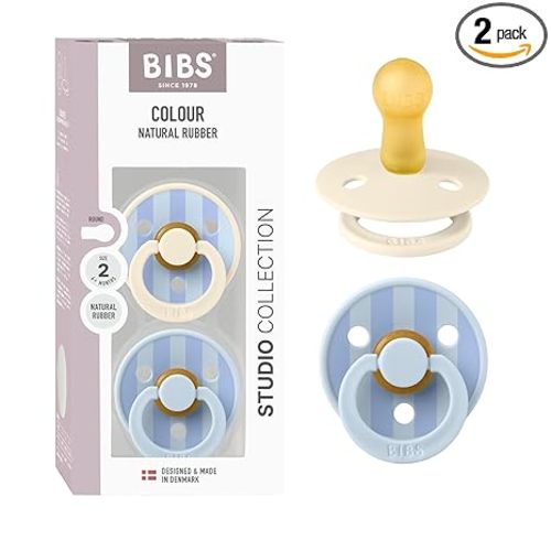 BIBS Pacifiers - Studio 2 Pack | Round Nipple Baby Pacifier | BPA Free Natural Rubber Latex Soother | Made in Denmark | Size 6+ Months | Block Baby Blue Dusty Blue