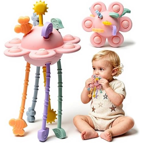 Silicone Baby Sensory Montessori Toys & Pull String Teething Toys for 6-12-18 Months, Toddler Birthday Gift Car Seat Airplane Travel Toy for 1 2 Year Old Boy Girl Infant 8 9 10 Months Old (Pink)