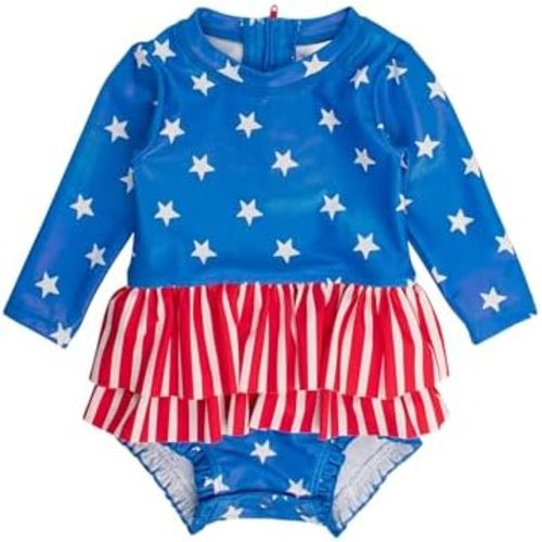 RuffleButts Baby Girls UPF 50+ Sun Protection Tulle Skirted Long Sleeve One Piece Rash Guard Swimsuit