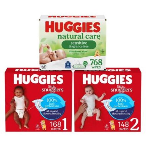 Huggies Little Snugglers 168 Count/Size1 Disposable Diapers + 148 Count/Size 2 Disposable Diapers + 768 Count Natural Care Baby Wipes
