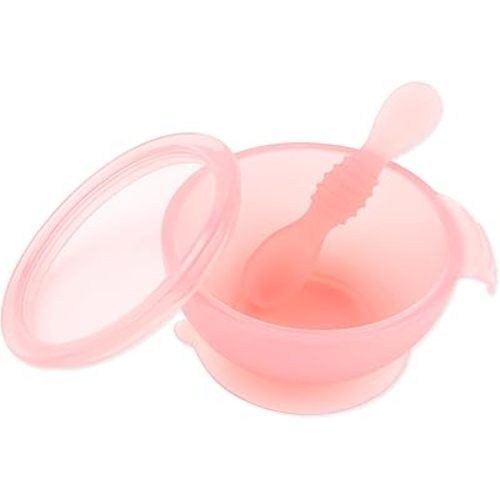 Bumkins Feeding Set with Suction, Includes Spoon and Lid, Training Essentials for Baby-Led Weaning, Toddler Self-Feeding, Babies Eating at 4 Mos Up, Pink Jelly