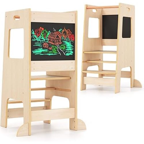 HONEY JOY Kitchen Step Stool for Toddlers, Children Wooden Standing Tower w/Safety Rail & Blackboard, Montessori Foldable Kids Learning Step Tower for Kitchen Counter (Natural)