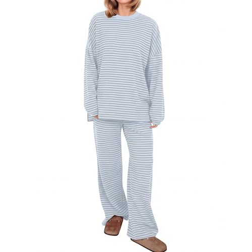 Women Striped 2 Piece Lounge Set Long Sleeve Oversized T Shirts Wide Leg Pants Matching Sets Casual Comfy Pajama Set