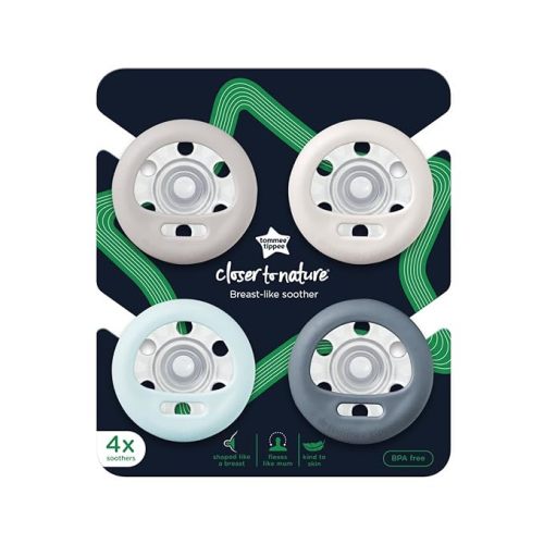 Breast-Like Pacifier, 0-6 Month Pack of 4 Pacifiers with Breast-Like baglet, Symmetrical Design, BPA Free - 4 Count (Pack of 1) - Pastel/Blue/Black