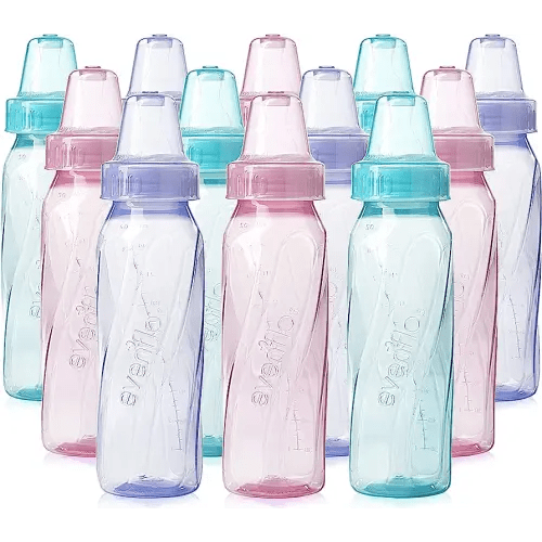 Evenflo Feeding Classic Tinted Plastic Standard Neck Bottles for Baby, Infant and Newborn, Pink/Lavender/Teal, 8 Ounce (Pack of 12)