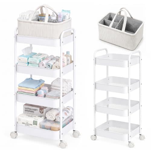 Baby Diaper Caddy 4 Tier Rolling Storage Cart with Wheels for Baby Bedside | Baby Essentials Movable Cart Bedside Diaper Caddy Cart with Wheels, Storage Bag with Dividers for Living Room,Changing Table