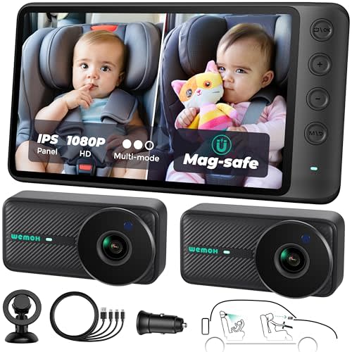 WEMOH Magnetic Dual Baby Car Camera for Two Kids, 1080P IPS Display with Magnetic Mount, 3 Modes(Zoom/Mirror/Split), Automatic Night Vision, USB-Powered Car Camera for Baby Rear Facing (2 Cams)