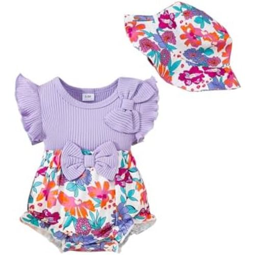 SUNNY PIGGY Newborn Baby Girl Clothes Summer Sleeveless Jumpsuit One Piece Rompers and Hat Set Cute Bow Floral Outfits