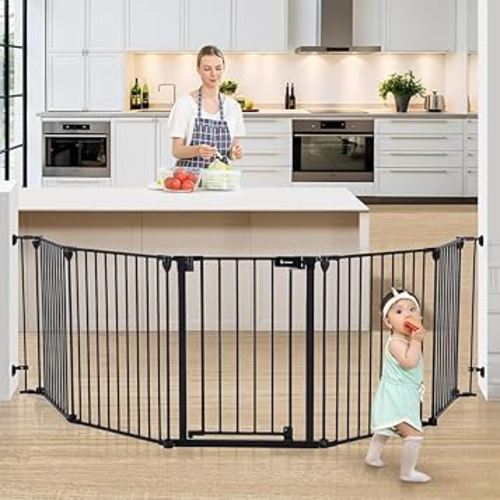 COMOMY 127.8" Extra Wide Baby Gate, Dog Gate for House Stairs Doorways Fireplace, Auto Close Pet Gate with Door Walk Through, 5 Metal Panels, Hardware Mounted Baby Fence Indoor Outdoor(30" Tall,Black)