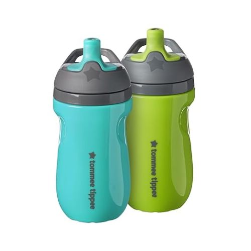Tommee Tippee Insulated 9oz Sporty Spout Toddler Water Bottle, No Spill, Sippy Cups for Toddlers 1-3, Two-Piece Valve Helps Stop Spills, Green & Teal, BPA Free, Pack of 2