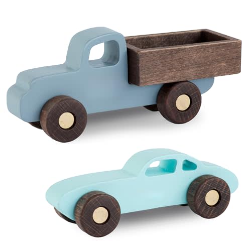 BUSY PUZZLE Colorful Wooden Toy Cars Set 2-Pack Truck and Car Durable Wooden Vehicles for Kids Montessori-Inspired Gift for Toddlers