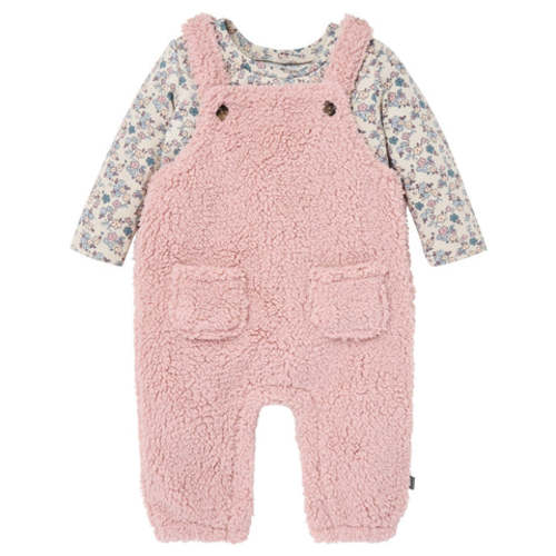 2-Piece Baby Girls Pale Mauve Microplush Overalls 3-6M