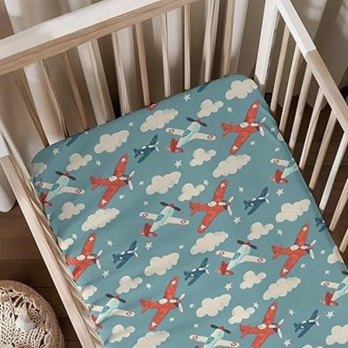 Cartoon Aircraft Planes Clouds Pattern Baby Sheets for Crib, Unisex Plane Theme Transportation Nursery Fitted Bed Sheet for Boys Girls Standard Crib and Toddler Mattress-28x52