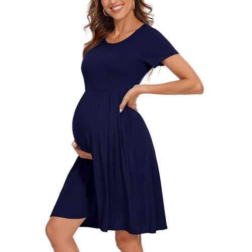 Women's Short Sleeve Maternity Dress Patchwork Pregnancy Clothes with Pockets
