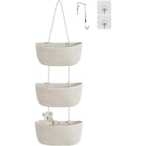 YYaaloa White Woven Cotton Hanging Baskets for Organizing Decor 3-Tier Over the Door Wall-Mounted Storage Bag Nursery Baskets for Organizing Living Room, Bathroom and Bedroom (White)