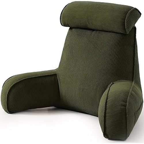 Corduroy Reading Pillow, Backrest Pillow for Sitting Up in Bed, Bed Rest Back Support Cushion for Daybed Sofa Couch, Lounge Pillow with Arms, Side Pockets & Washable Cover, Avocado Green