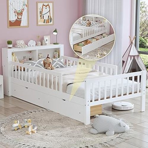 Polibi Twin Size Platform Bed with Headboard Storage Rack,Two Under-Bed Drawers,Guardrails on Both Sides for Safety and Security,Space Saving Twin Bed Frame,White