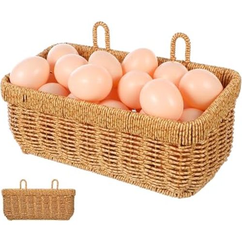 PRETYZOOM Woven Hanging Wall Baskets, Small Boho Natural Wicker Storage Organizer with 2 Hooks, Home Kitchen Bathroom Rattan Basket for Fruits, Food, Towel - 11 inch